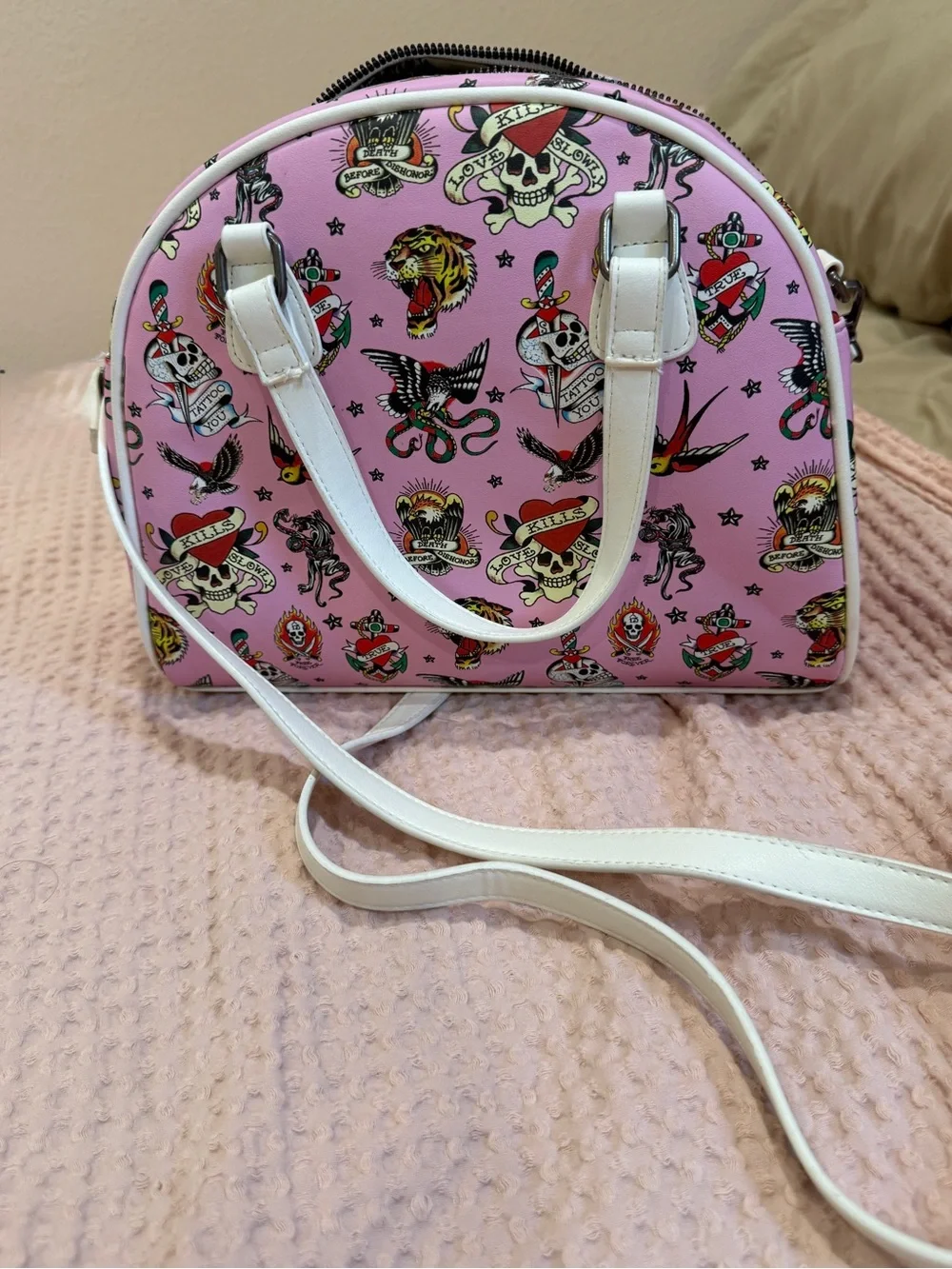 Ed Hardy Pink Tattoo Print Dome Satchel